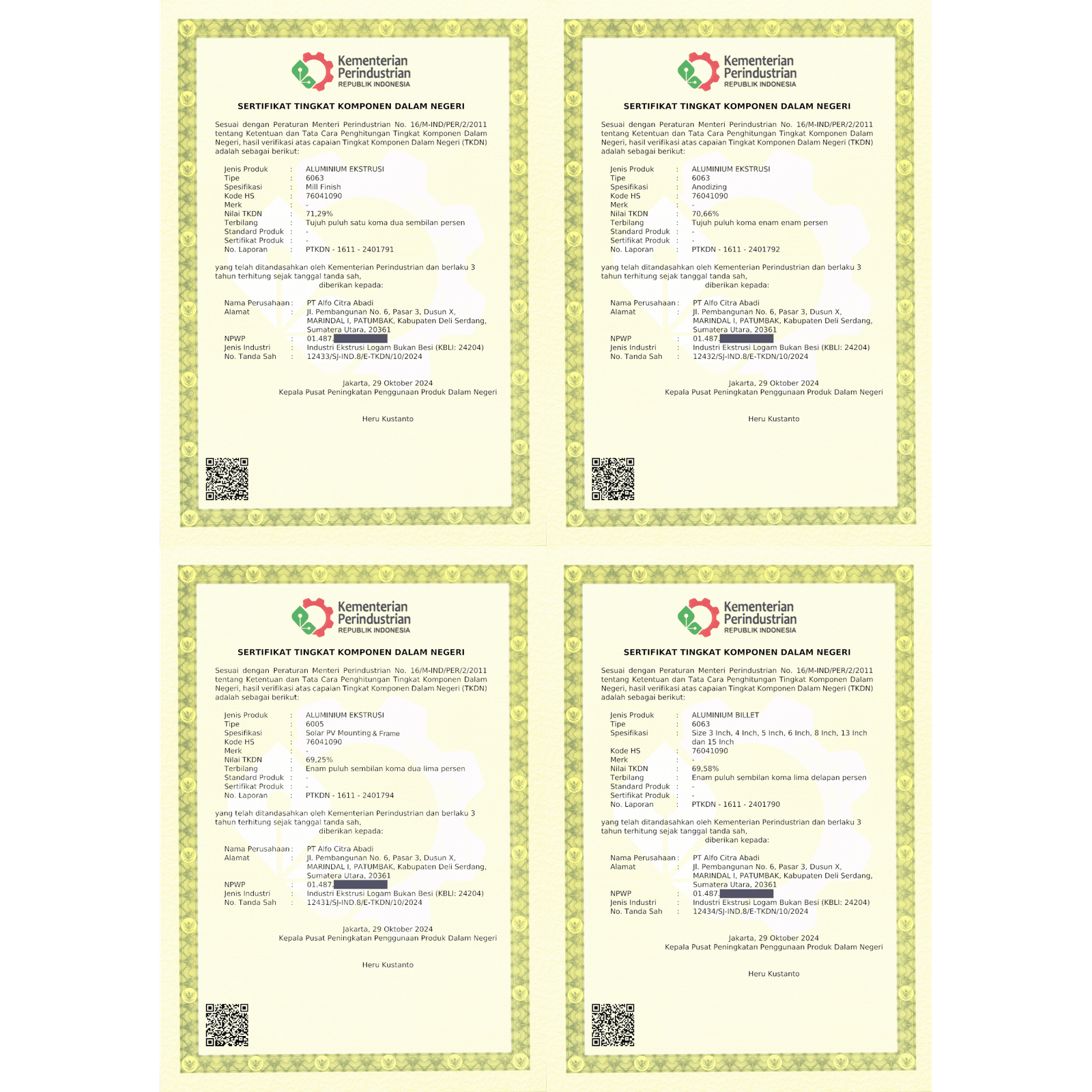 TKDN Certificate for Aluminum Extrusion Industry